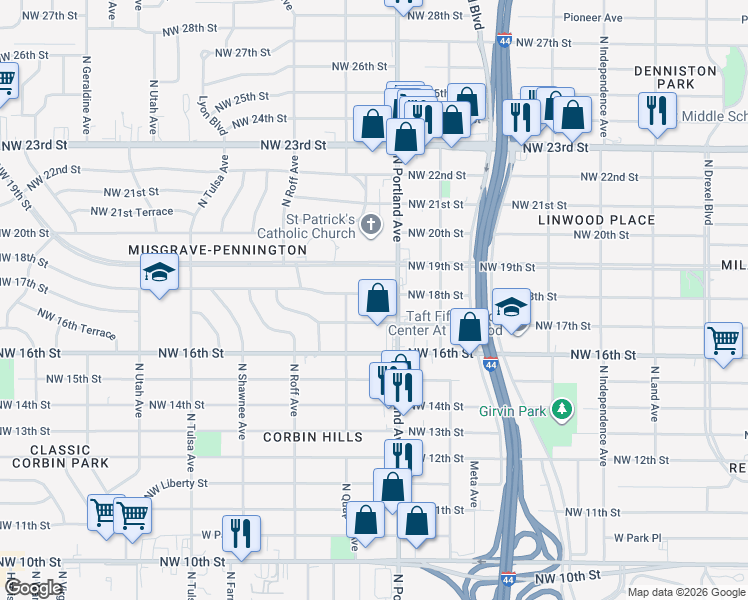 map of restaurants, bars, coffee shops, grocery stores, and more near 3709 Northwest 18th Street in Oklahoma City