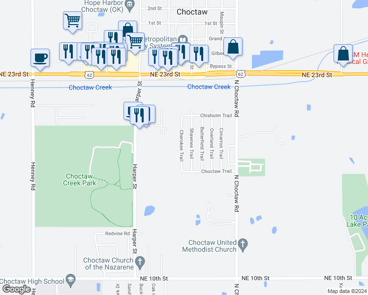 map of restaurants, bars, coffee shops, grocery stores, and more near 1804 Cherokee Trail in Choctaw