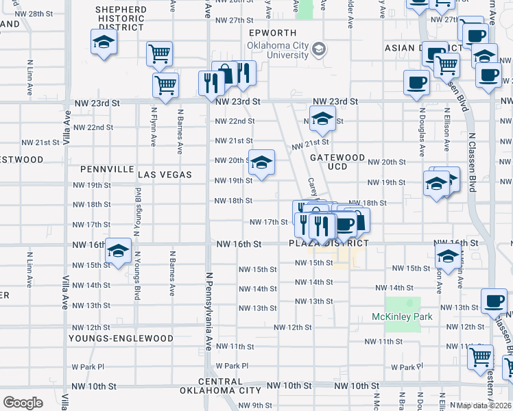 map of restaurants, bars, coffee shops, grocery stores, and more near 1937 Northwest 18th Street in Oklahoma City