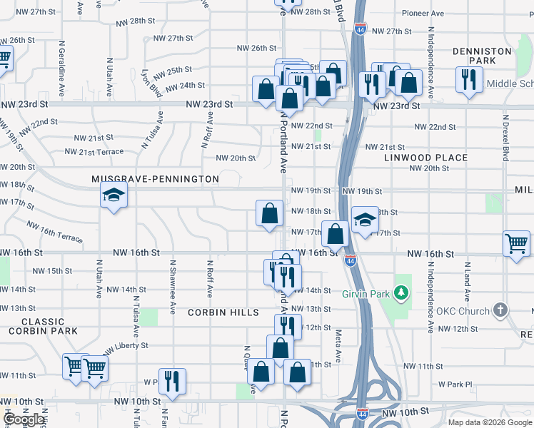 map of restaurants, bars, coffee shops, grocery stores, and more near 3709 Northwest 18th Street in Oklahoma City