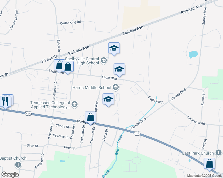map of restaurants, bars, coffee shops, grocery stores, and more near 570 Eagle Boulevard in Shelbyville
