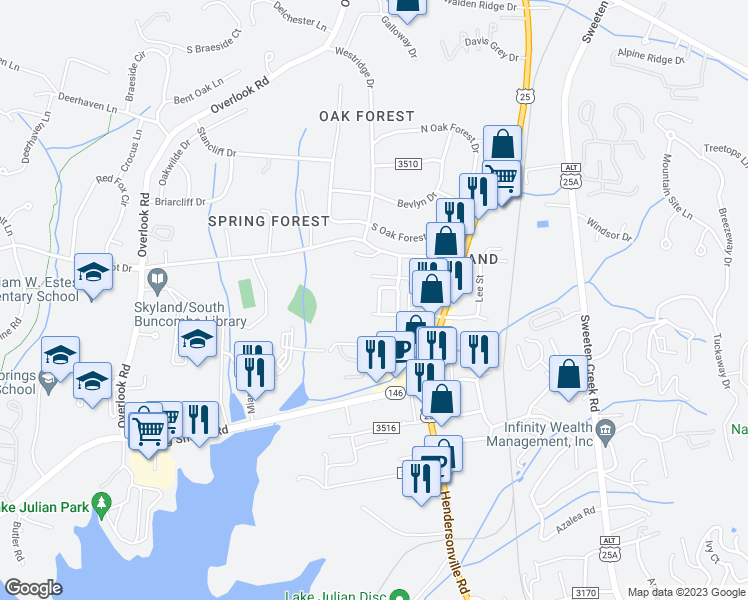 map of restaurants, bars, coffee shops, grocery stores, and more near 25 Scottish Circle in Asheville