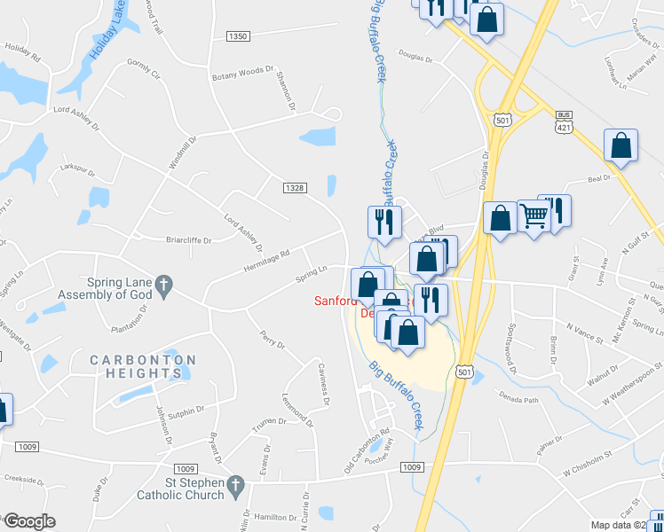 map of restaurants, bars, coffee shops, grocery stores, and more near 1299 Spring Lane in Sanford