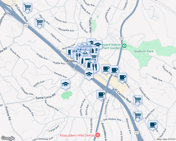 map of restaurants, bars, coffee shops, grocery stores, and more near 6500 El Camino Real in Atascadero