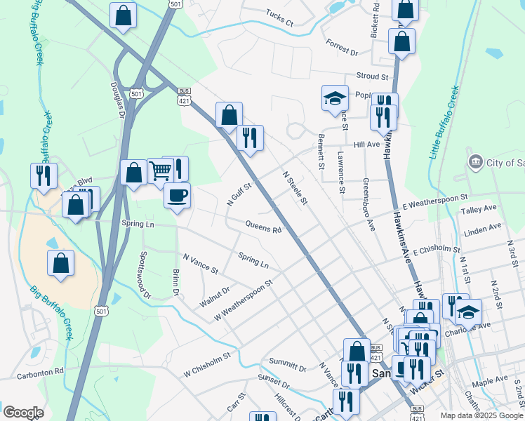 map of restaurants, bars, coffee shops, grocery stores, and more near 641 North Horner Boulevard in Sanford