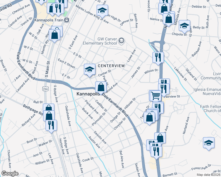 map of restaurants, bars, coffee shops, grocery stores, and more near 531 Park Street in Kannapolis