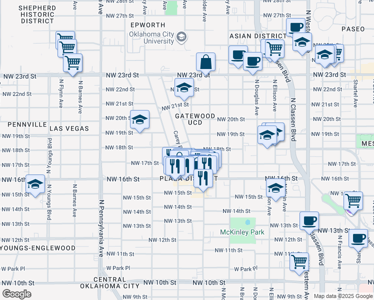 map of restaurants, bars, coffee shops, grocery stores, and more near 1843 North Gatewood Avenue in Oklahoma City