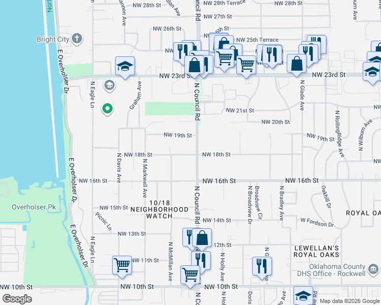map of restaurants, bars, coffee shops, grocery stores, and more near 1905 North Council Road in Oklahoma City
