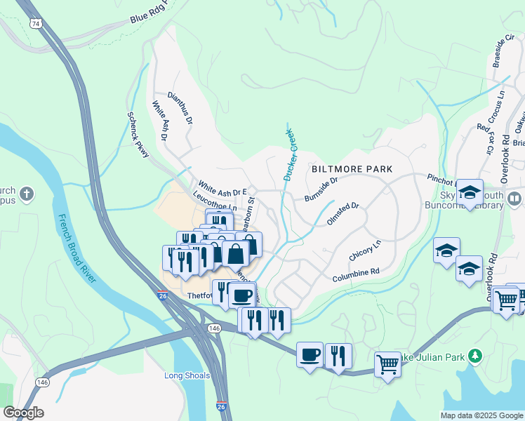 map of restaurants, bars, coffee shops, grocery stores, and more near 8 Dayflower Drive in Asheville
