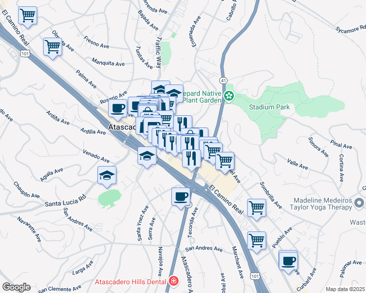 map of restaurants, bars, coffee shops, grocery stores, and more near 6907 El Camino Real in Atascadero