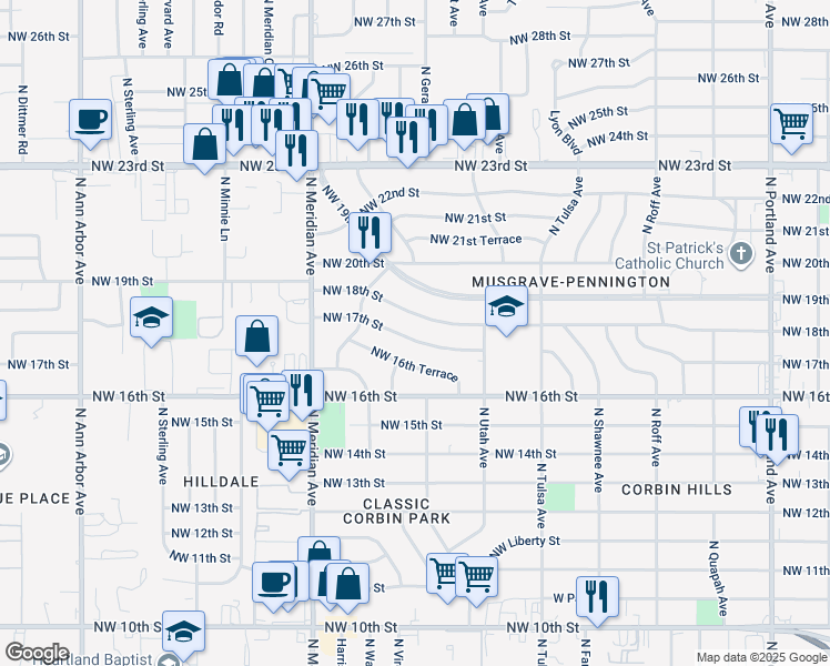map of restaurants, bars, coffee shops, grocery stores, and more near 4312 Northwest 18th Street in Oklahoma City