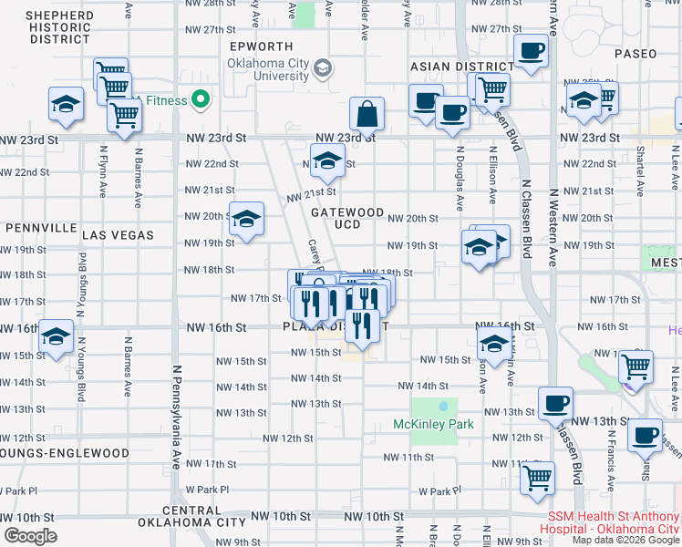 map of restaurants, bars, coffee shops, grocery stores, and more near North Gatewood Avenue in Oklahoma City