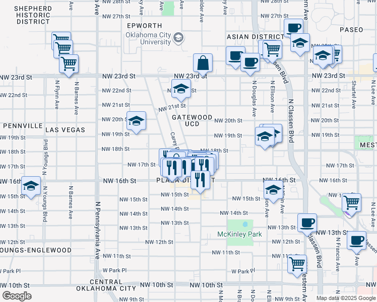 map of restaurants, bars, coffee shops, grocery stores, and more near North Gatewood Avenue in Oklahoma City
