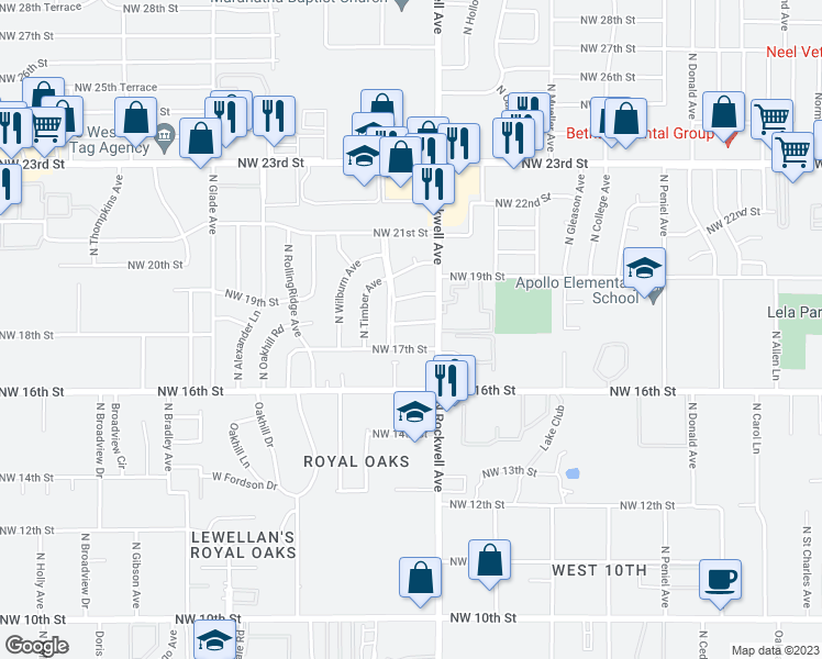 map of restaurants, bars, coffee shops, grocery stores, and more near 7116 Northwest 18th Street in Bethany