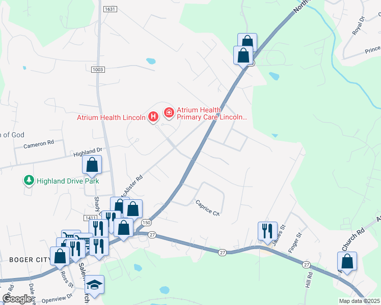map of restaurants, bars, coffee shops, grocery stores, and more near 2595 North Carolina 150 in Lincolnton