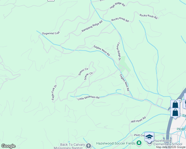 map of restaurants, bars, coffee shops, grocery stores, and more near 930 Scenic Circle in Waynesville