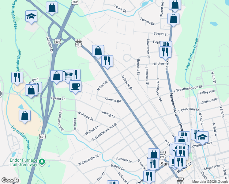 map of restaurants, bars, coffee shops, grocery stores, and more near 641 North Horner Boulevard in Sanford