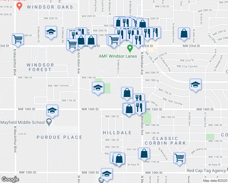 map of restaurants, bars, coffee shops, grocery stores, and more near 1805 North Minnie Lane in Oklahoma City