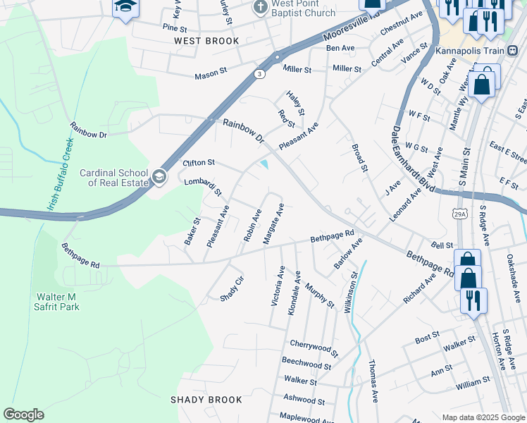 map of restaurants, bars, coffee shops, grocery stores, and more near 709 Robin Avenue in Kannapolis