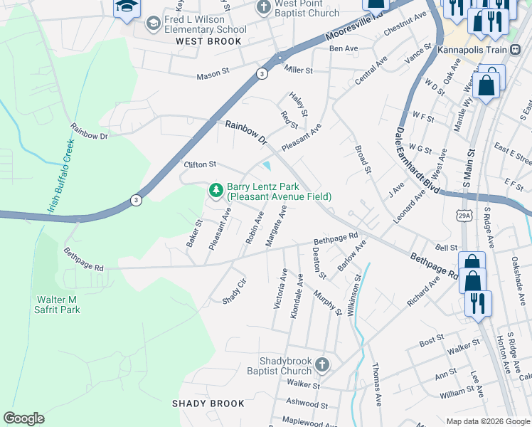 map of restaurants, bars, coffee shops, grocery stores, and more near 709 Robin Avenue in Kannapolis