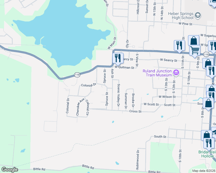 map of restaurants, bars, coffee shops, grocery stores, and more near 508 Spruce Street in Heber Springs