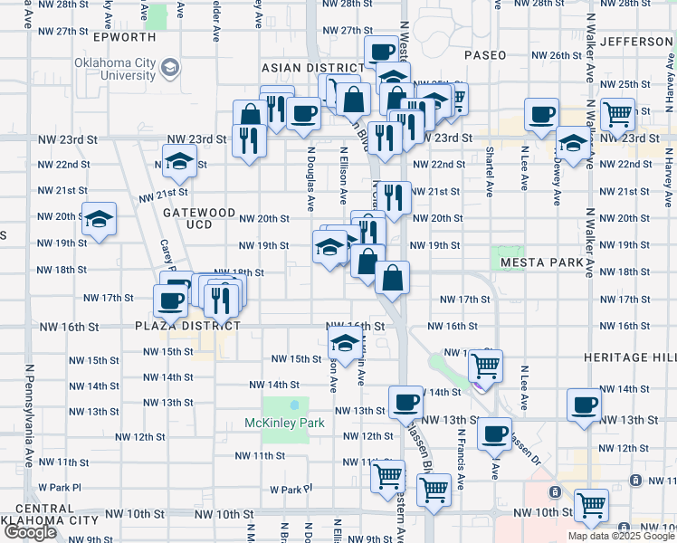 map of restaurants, bars, coffee shops, grocery stores, and more near 1901 North Ellison Avenue in Oklahoma City