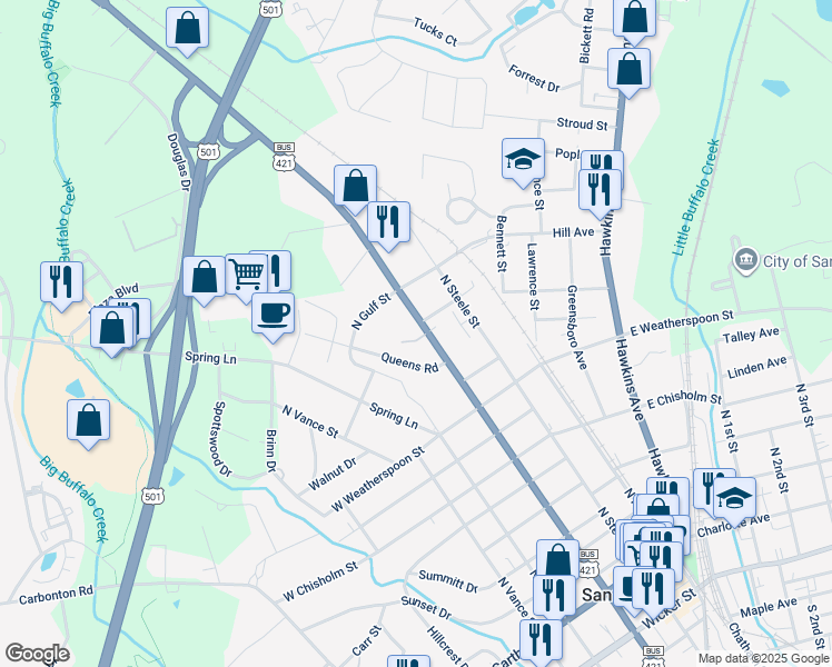 map of restaurants, bars, coffee shops, grocery stores, and more near 641 North Horner Boulevard in Sanford
