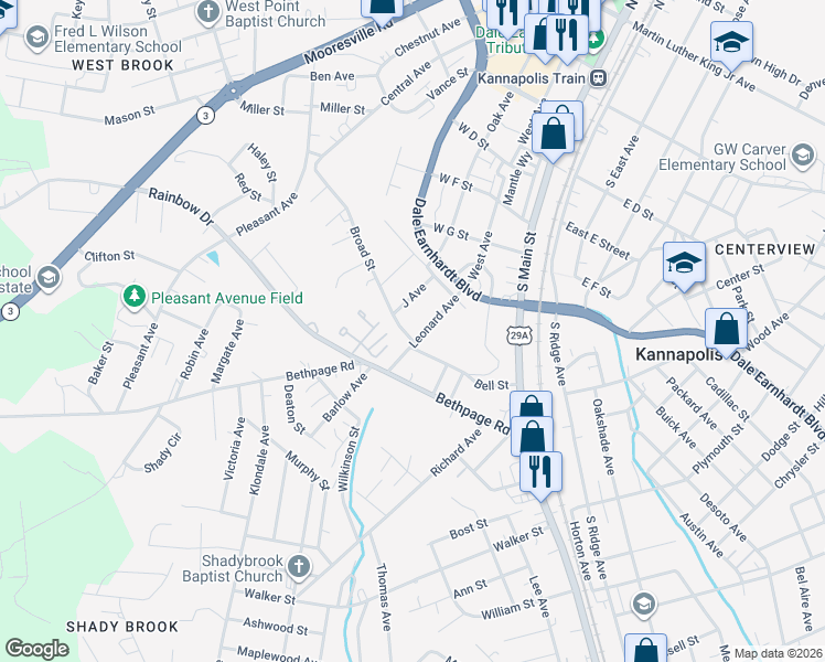 map of restaurants, bars, coffee shops, grocery stores, and more near 406 Broad Street in Kannapolis
