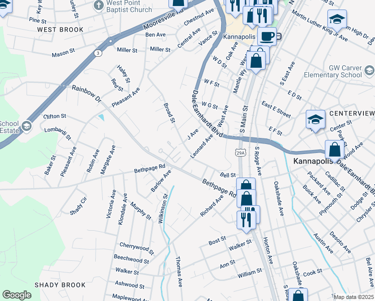 map of restaurants, bars, coffee shops, grocery stores, and more near 406 Broad Street in Kannapolis