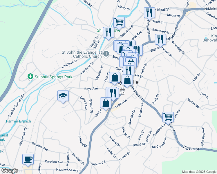 map of restaurants, bars, coffee shops, grocery stores, and more near 168 Tate Street in Waynesville