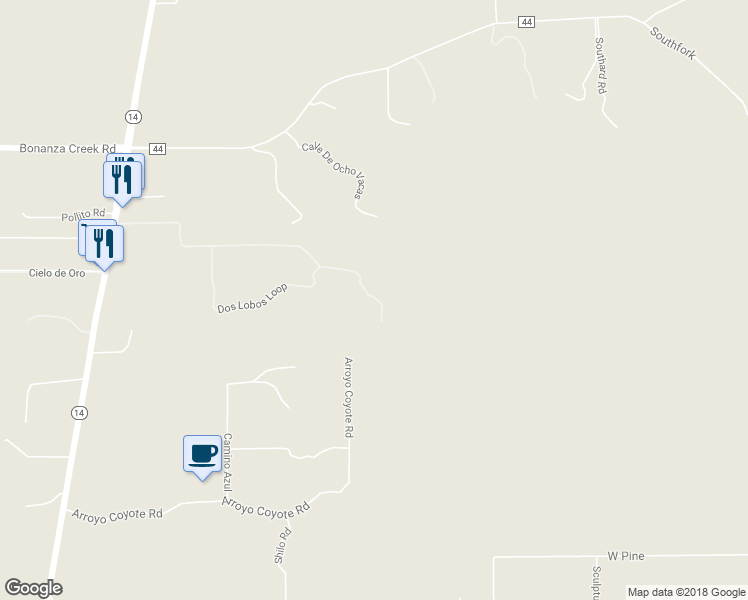 map of restaurants, bars, coffee shops, grocery stores, and more near 57 Dos Lobos Loop in Santa Fe