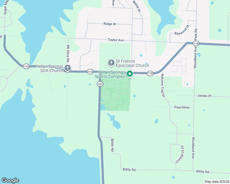 map of restaurants, bars, coffee shops, grocery stores, and more near 11510 State Highway 110 West in Heber Springs