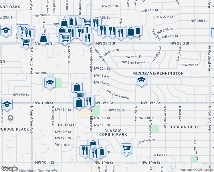 map of restaurants, bars, coffee shops, grocery stores, and more near 4349 Northwest 17th Street in Oklahoma City