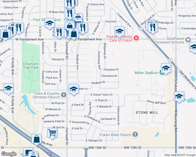 map of restaurants, bars, coffee shops, grocery stores, and more near 1925 Greenway Avenue in Yukon