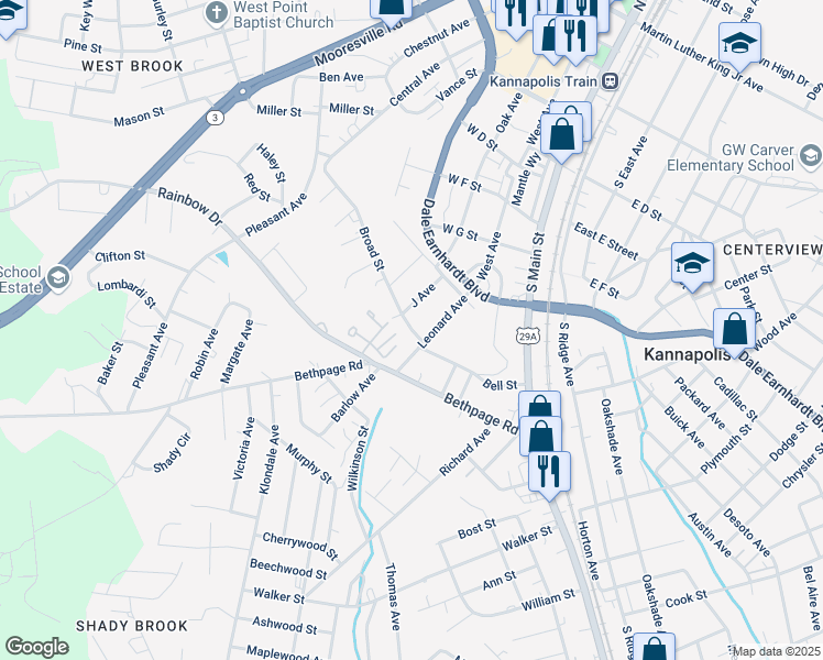 map of restaurants, bars, coffee shops, grocery stores, and more near 406 Broad Street in Kannapolis