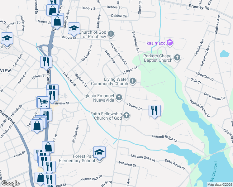 map of restaurants, bars, coffee shops, grocery stores, and more near 1351 Ontario Drive in Kannapolis