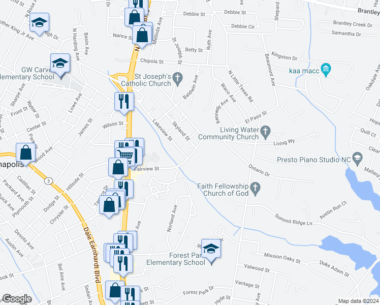 map of restaurants, bars, coffee shops, grocery stores, and more near 921 Fairview Street in Kannapolis