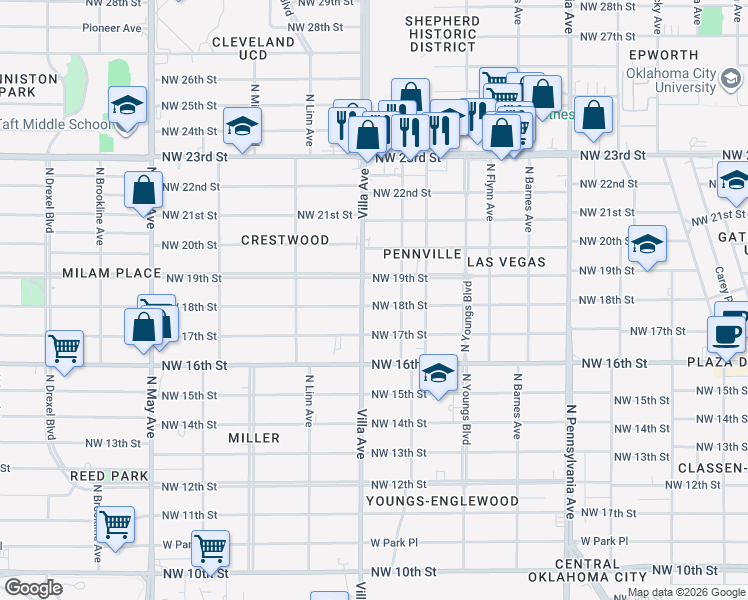 map of restaurants, bars, coffee shops, grocery stores, and more near 2408 Northwest 19th Street in Oklahoma City