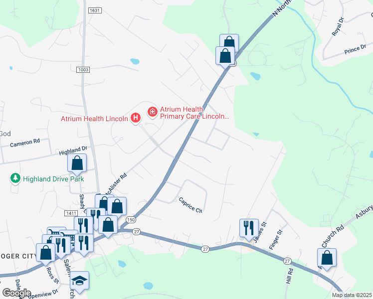 map of restaurants, bars, coffee shops, grocery stores, and more near 2595 North Carolina 150 in Lincolnton
