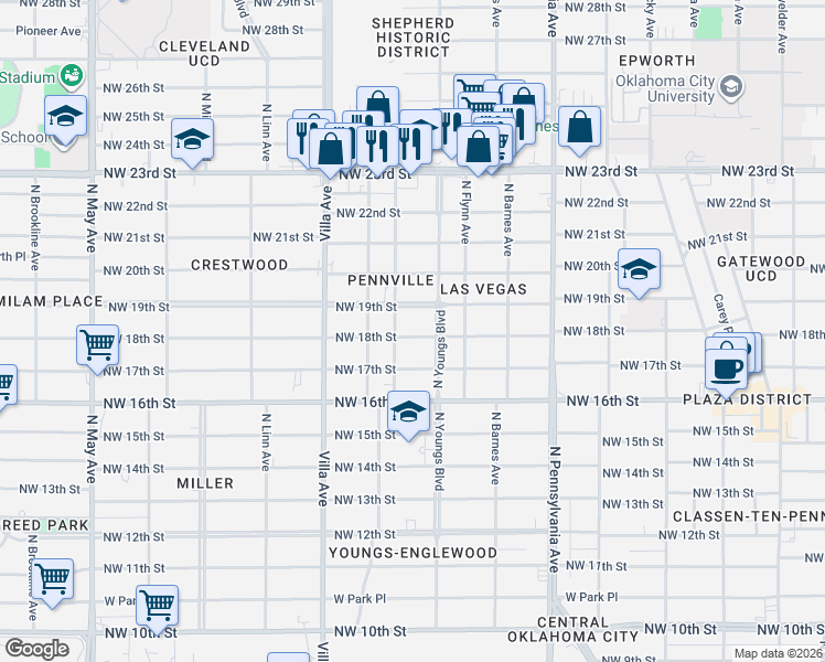 map of restaurants, bars, coffee shops, grocery stores, and more near 1903 North Youngs Boulevard in Oklahoma City