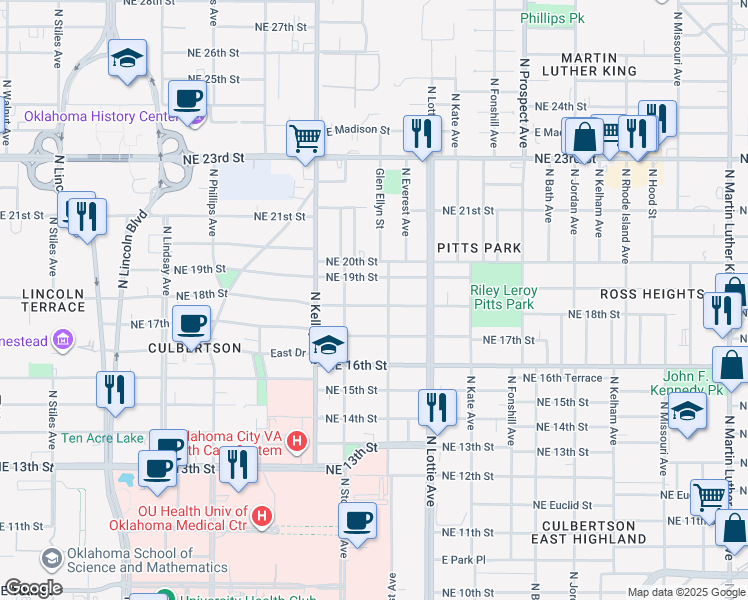 map of restaurants, bars, coffee shops, grocery stores, and more near 1117 Northeast 18th Street in Oklahoma City