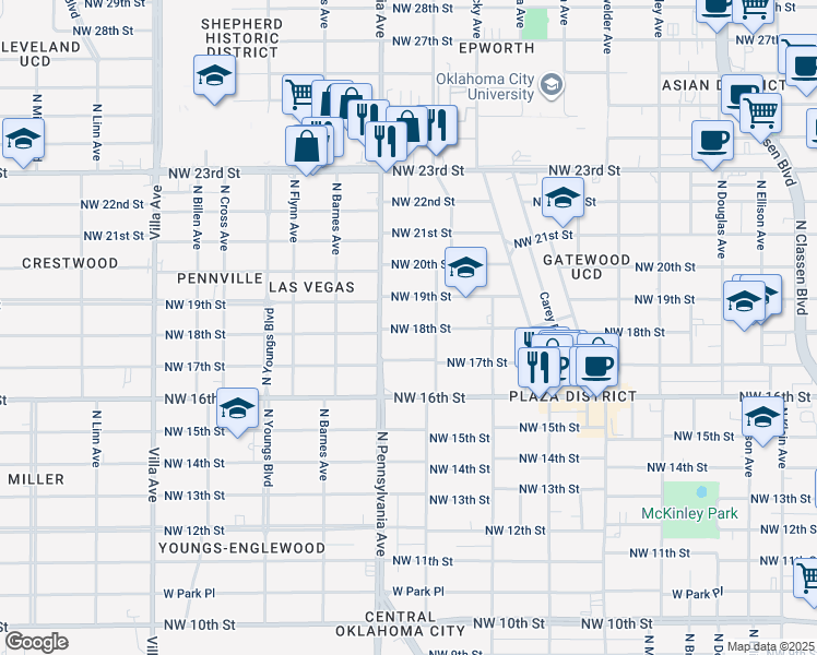 map of restaurants, bars, coffee shops, grocery stores, and more near 2017 Northwest 18th Street in Oklahoma City