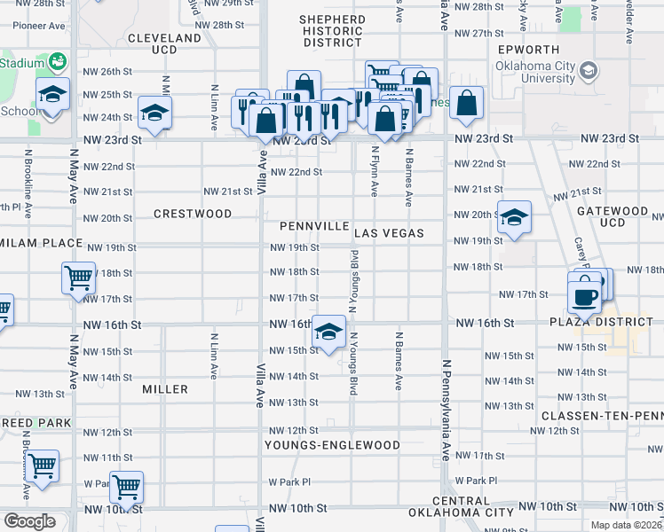 map of restaurants, bars, coffee shops, grocery stores, and more near 1903 North Youngs Boulevard in Oklahoma City