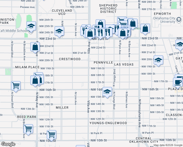 map of restaurants, bars, coffee shops, grocery stores, and more near 2408 Northwest 19th Street in Oklahoma City