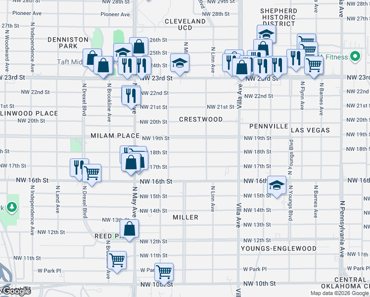 map of restaurants, bars, coffee shops, grocery stores, and more near 2744 Northwest 19th Street in Oklahoma City