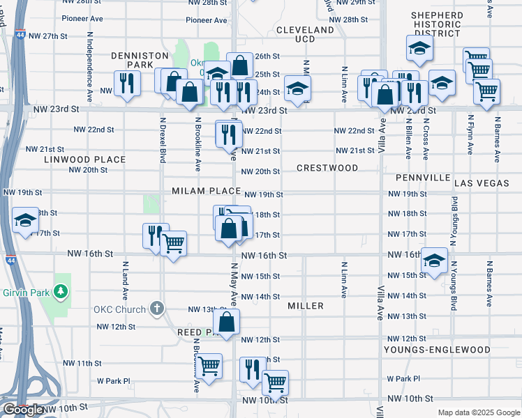 map of restaurants, bars, coffee shops, grocery stores, and more near 2836 Northwest 19th Street in Oklahoma City