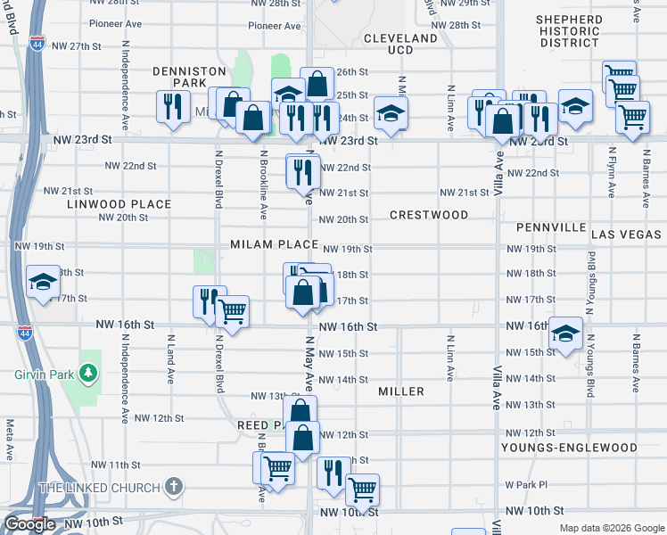 map of restaurants, bars, coffee shops, grocery stores, and more near 2836 Northwest 19th Street in Oklahoma City