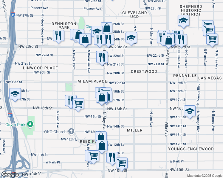 map of restaurants, bars, coffee shops, grocery stores, and more near 2836 Northwest 19th Street in Oklahoma City