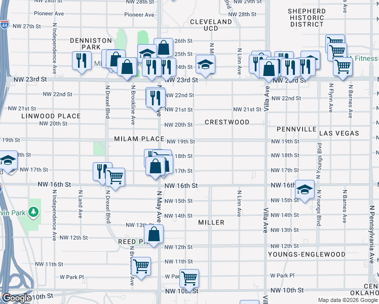 map of restaurants, bars, coffee shops, grocery stores, and more near 1913 North Ross Avenue in Oklahoma City