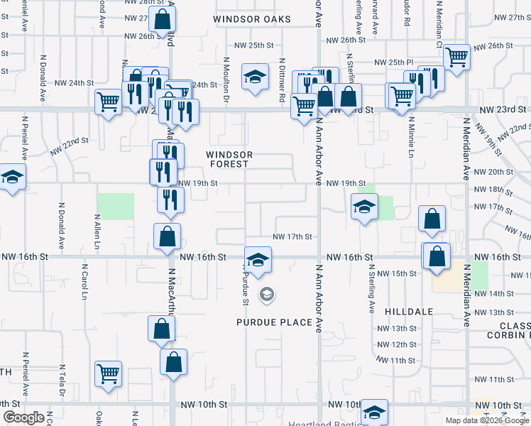 map of restaurants, bars, coffee shops, grocery stores, and more near 1833 North Purdue Place in Oklahoma City